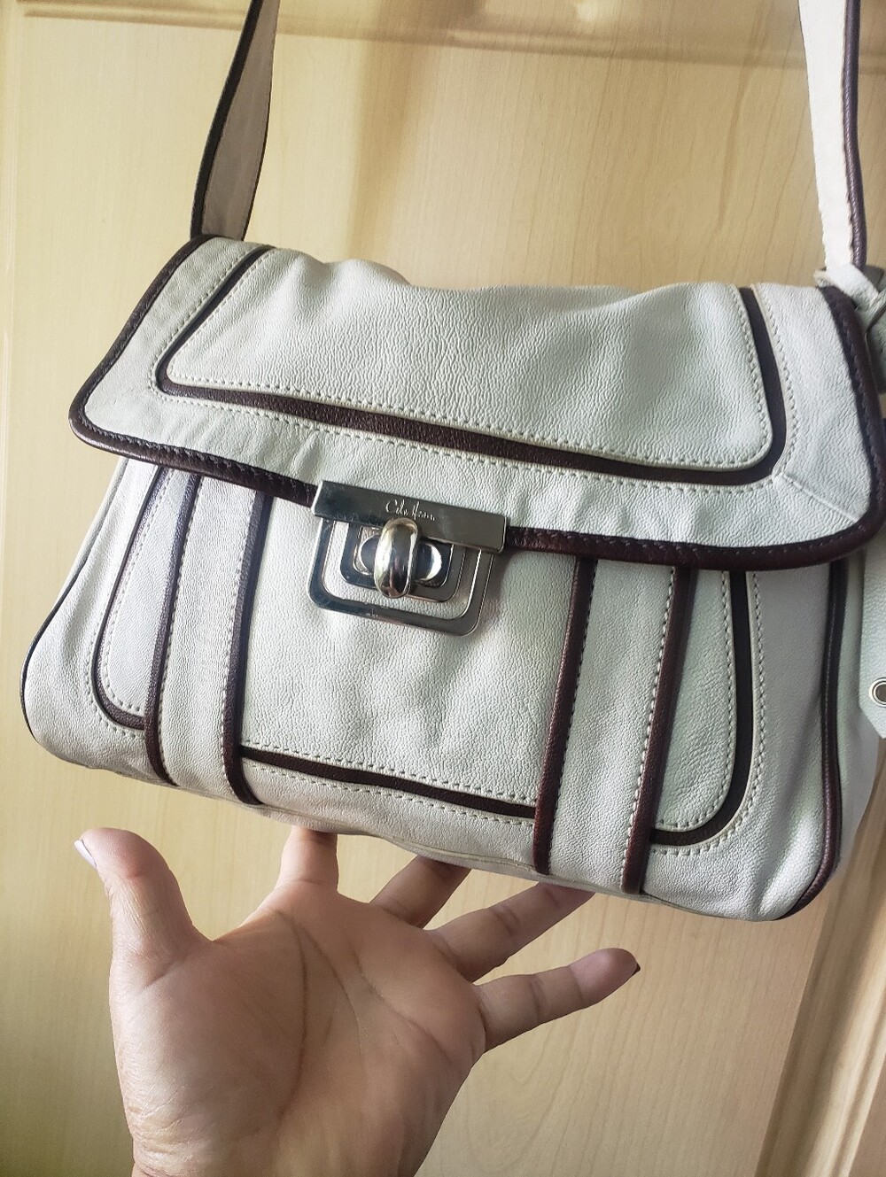 Cole Haan Cream Shoulder Crossbody Bag with Dark Brown Trim